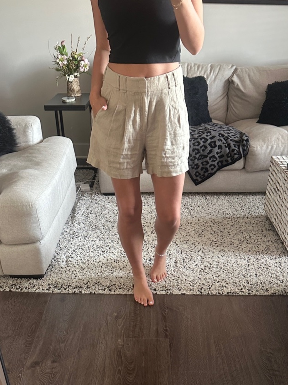 Free People Beige Linen-Blend High Waist Bermuda Shorts